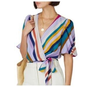 Great Jones Striped Wrap‎ Top XS Puff Sleeve Waist Tie Multicolor